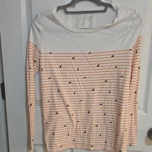 LOFT White and Orange Striped Long Sleeve Tee